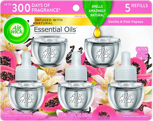 Air Wick plug in Scented Oil 5 Refills, Vanilla & Pink Papaya, (5x0.67oz), Essential Oils, Air Freshener, Packaging may vary,Vanilla & Pink Papaya