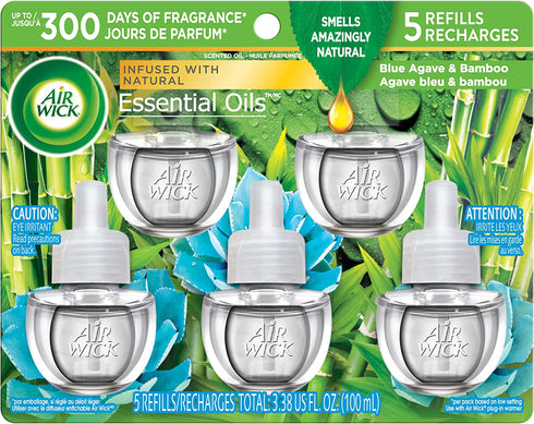 Air Wick Plug in Scented Oil Refill Freshener Essential Oils, Blue Agave and Bamboo, 5 Count