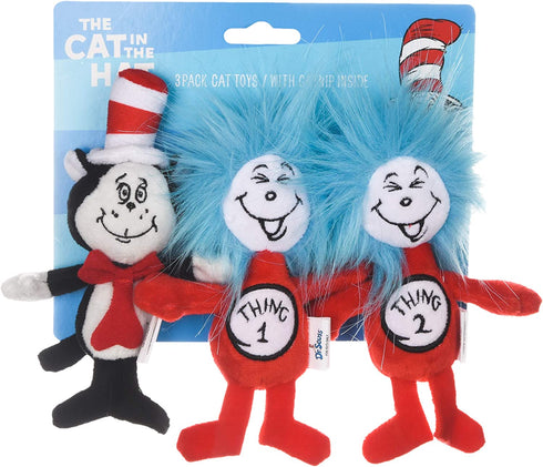 Dr. Seuss The Cat in The Hat 3 Piece Plush Cat Toys with Catnip Inside | Plush Fabric Cat Toys from Dr. Seuss Collection | Stuffed Animal Cat Toys with Cat in The Hat and Thing 1 and Thing 2