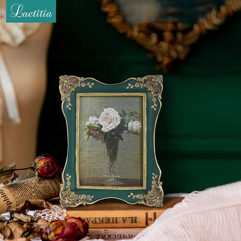 Laetitia Vintage Picture Frame 5x7 Inch/ 8x10 Inch, Elegant Antique Photo Frames with Glass Front, Photo Display, Tabletop Wall Hanging, Gift Ideas, Christmas Gift Idea, Golden pattern (Green, 5 x 7 Inch)