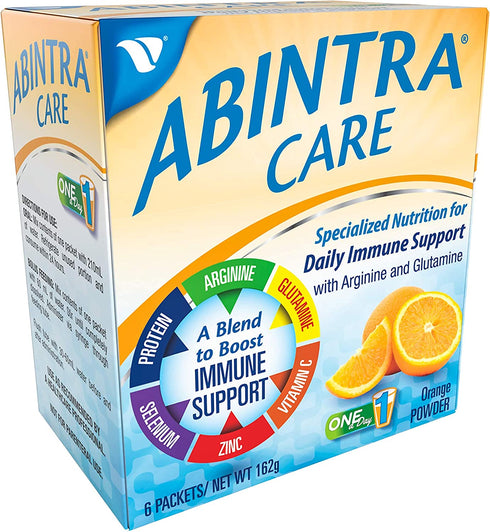 ABINTRA Care Specialized Nutrition for Immune Support, Provides Glutamine, Arginine and Whey Protein (Total 19g) + Vitamins and Minerals, Orange Flavor, 6 Packets, 27g Each, Made in The USA