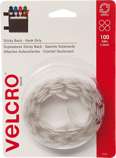 VELCRO Brand - Sticky Back Fasteners, Hook Side Only | Perfect for Home or Office | 5/8in Coins | Pack of 100 | White