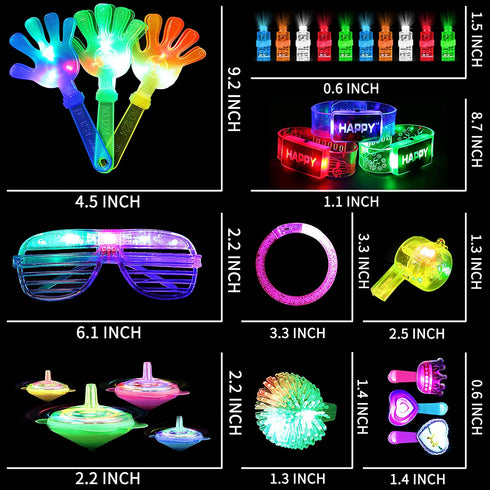 82PCs LED Light Up Toy Bulk Party Favors, Glow in The Dark Party Supplies for Boy Girl with 50 Finger Light,6 Jelly Ring, 6 Glasses,5 Spinning Top, 3 Bracelet,3 Hairpin, 3 Whistle, 3 Clap Laxdacee