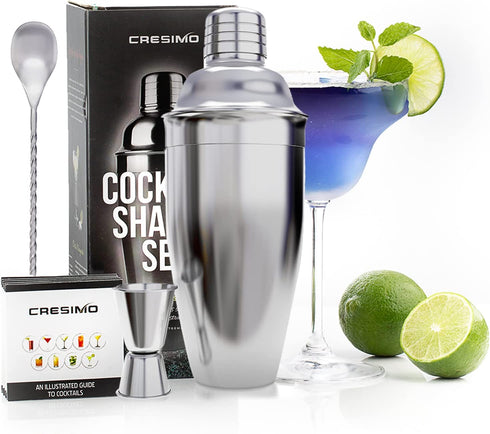 Large Cocktail Shaker Set: 24oz Stainless Steel Martini Shaker Drink Mixer Set with Alcohol Bar Tools: Ice Strainer, Jigger, Bar Spoon, Craft Cocktail Kit Recipe Guide - Mixology Bartender Kit - Cresimo