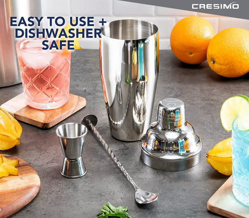 Large Cocktail Shaker Set: 24oz Stainless Steel Martini Shaker Drink Mixer Set with Alcohol Bar Tools: Ice Strainer, Jigger, Bar Spoon, Craft Cocktail Kit Recipe Guide - Mixology Bartender Kit - Cresimo