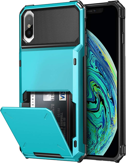 SAMONPOW Credit Card Holder Case for iPhone X iPhone Xs Case with 4 Card Holder Hard PC Soft Hybrid Rubber Anti Scratch Shockproof Heavy Duty Cover for iPhone X XS iPhone10 5.8 inch Sky Blue