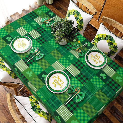 St. Patricks Day Tablecloth, Green Lucky Shamrock Table Cloth, Buffalo Plaid Checkered Tablecloths, Four Leaf Clovers Waterproof Tablecloth Square for Dinner Party Decoration, 55 x 55 inch