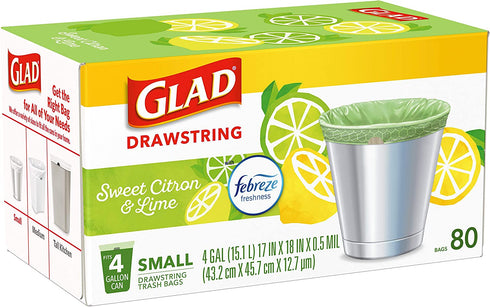 Glad Small Kitchen Drawstring Trash Bags 4 Gallon Green Trash Bag Febreze , Sweet Citron & Lime, 80 Count (Package May Vary)