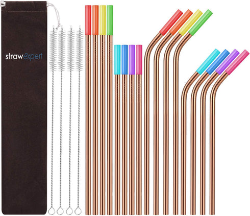 StrawExpert 16 Pack Rose Gold Reusable Metal Straws with Silicone Tip & Travel Case & Cleaning Brush,Long Stainless Steel Straws Drinking Straw for 20 and 30 oz Tumbler