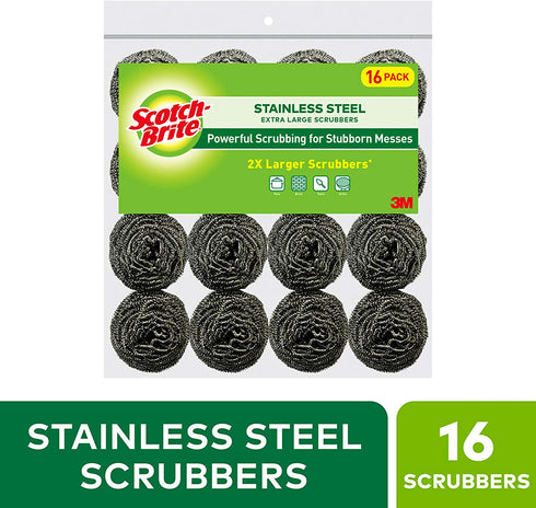 Scotch-Brite Stainless Steel Scrubbers, Ideal for Uncoated Cookware, 16 Scrubbers