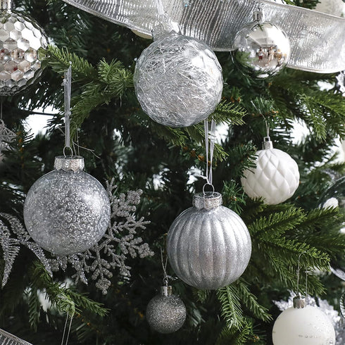 80mm/3.15" Shatterproof Christmas Ball Ornaments,Clear Plastic Decorative Christmas Balls Hanging Xmas Tree Baubles Set with Stuffed Delicate Glittering Decorations(Silver)