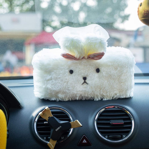 SQUISHY DOT Tissue Holder Decorative, Cute Tissue Box Cover, Fluffy Plush Cover, Home décor, Office Desk Decoration, car Accessories, Bunny, Rabbit (White, Fluffy Rectangle)