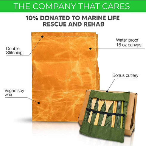 USA owned ECO/EGO Eco-Friendly Lunch Set/ 1 heavy duty and waterproof waxed canvas lunch bag/ 1 bamboo cutlery set (1 knife,1 fork,1 spoon,2 chopsticks,1 straw,1 cleaning brush,1 travel pouch).