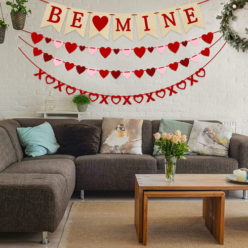 4Pcs Valentines Day Decorations Valentine's Day Decor Set No DIY Required Felt BE MINE Love Heart XO Garlands Banner for Home Classroom Office Wedding Party Anniversary