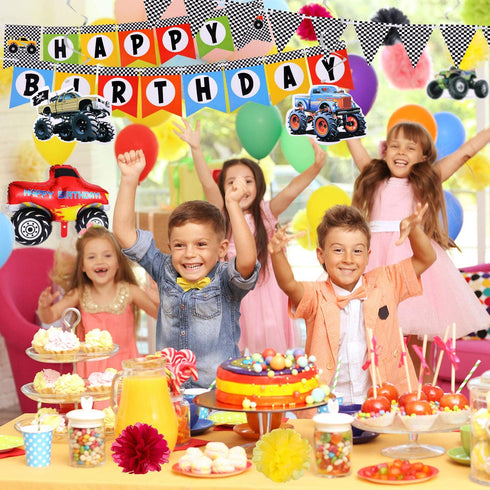 39 Piece Monster Truck Birthday Party Supplies Happy Birthday Banner Monster Truck Banner Triangle Bunting Flags Pom Poms Flowers Hanging Swirls Truck Shape Balloons Multicolor Balloons Cupcake Topper