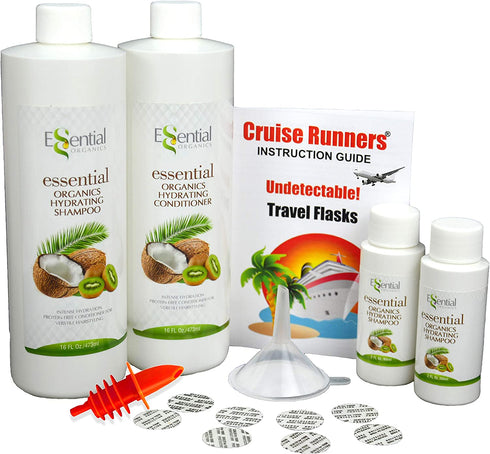 CRUISE RUNNERS Fake Shampoo Conditioner Flask Kit For Hiding Hidden Liquor Sneak Smuggle Alcohol On Booze Cruise With 2 TSA Travel Size Plastic Bottles and Seals Enjoy Rum Runners For Cruise