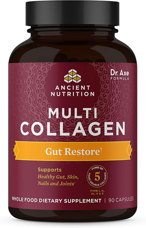 Ancient Nutrition Collagen Pills with Probiotics for Gut Health, Multi Collagen Capsules Gut Restore 90 Ct, Supports Gut, Joints, Hair & Nails, Gluten Free, Paleo and Keto Friendly