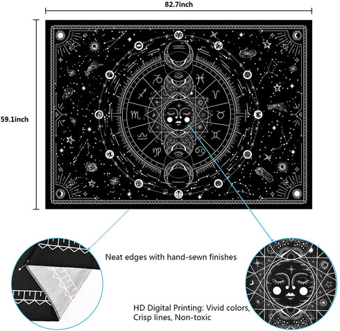 Sun and Moon Tapestry Black and White Tapestries Stars Starry Wall Tapestry Constellation Tapestry Black Tapestry Wall Hanging for Room Wall Decor (59.1 — 82.7 inches)