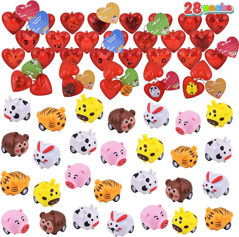 28 Packs Kids Valentine Toys Cars Set Includes 28 Animal Pull Back Cars Filled Hearts and Valentine Cards for Kids Valentine Classroom Exchange, Cute Animal Pull Back Vehicle Toys for Valentine Party Favors, Gift Exchange, Game Prizes and Carnivals Gift