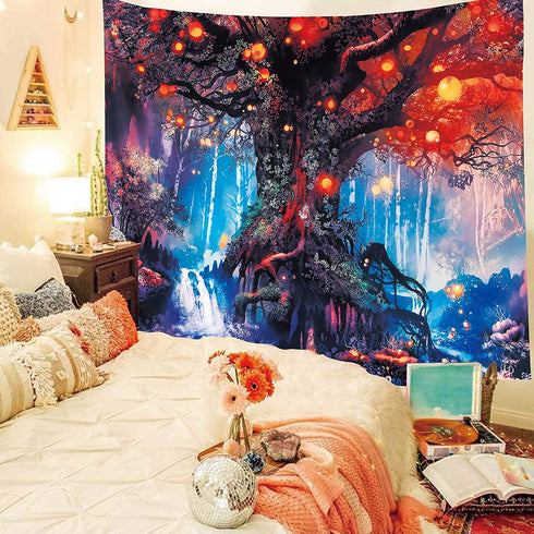 ENJOHOS Trippy Taprstry Wall Hanging for Bedroom Magical Tree of Life Tapestry with Mystical Forest and Tangled Lanterns for Dorm Room Decor,W79 x T5