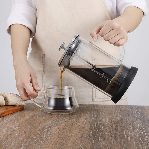 VEVOK CHEF French Press Coffee Maker Glass Coffee Press 34 Ounce Tea Maker Double Wall Insulate Heat Resistant Glass Tea Coffee Press with 2 Extra Screens with Glass Handle Non-slip Silicone Base