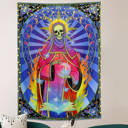 Skull Tapestry Santa Muerte Art Tapestry MoonPhase Tapestry Flower Skeleton Tapestries for Room W59.1"X H78.7"