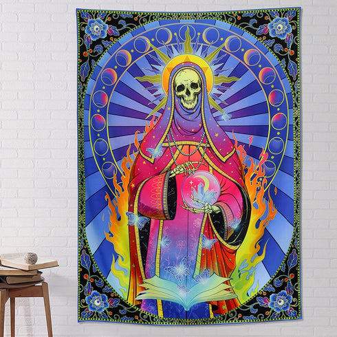 Skull Tapestry Santa Muerte Art Tapestry MoonPhase Tapestry Flower Skeleton Tapestries for Room W59.1"X H78.7"