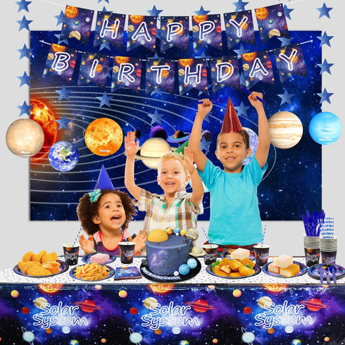 XJLANTTE Outer Space Party Supplies - Solar System Galaxy Planet Theme Happy Birthday Banner, Plates, Napkins, Cup, Straws, Knives, Fork, Spoon and Tablecloth for Boys Decorations, Serves 20 Guests
