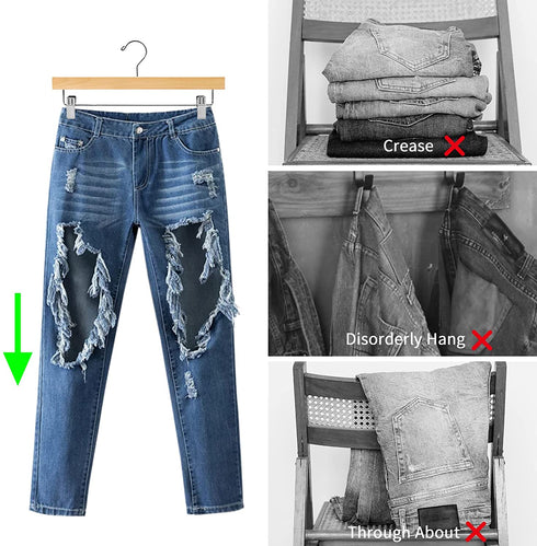 Nature Smile Solid Lotus Wood Deluxe Wooden Pants Hangers Bottom Hanger Jeans Hanger Skirt Hanger with 2-Adjustable Clips Anti-Rust Hook Pack of 10 (Natural)