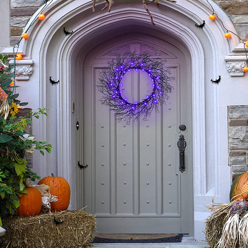 TURNMEON 20 Inch Prelit Halloween Wreath with Timer 30 LED for Front Door Halloween Decorations Purple Lights Battery Operated Glitter Scary Black Wreath Halloween Decoration Indoor Outdoor Home Party