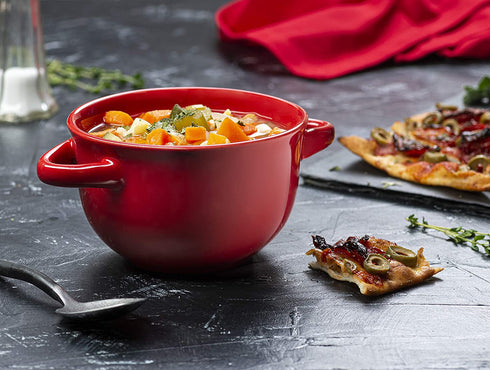 Kook French Onion Soup Crocks with Handles, Ceramic Bowls, for Rice, Dessert, Pasta, Dishwasher, Microwave, Oven & Broil Safe, Set of 4, 18 oz, (Red)