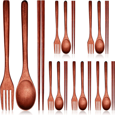 Wooden Flatware Set Natural Wooden Cutlery Set Chopsticks Spoon Fork Set Long Handle Utensils Set Reusable Japanese Style Tableware Set for Kitchen, Home, Camping, Picnic (18)