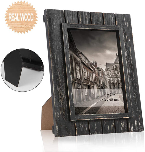 Farmhouse Picture Frames 5x7 - Solid Wood Black Rustic Finished With High Definition Glass Vertically Or Horizontally For Tabletop Display And Wall Hanging (Pack Of 2)