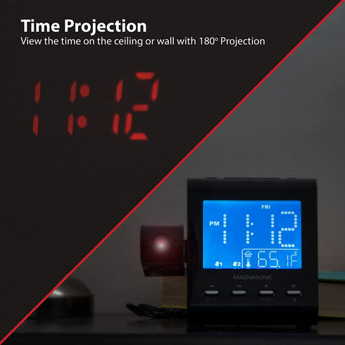 Magnasonic Projection Alarm Clock with AM/FM Radio, Battery Backup, Auto Time Set, Dual Alarm, Nap/Sleep Timer, Indoor Temperature/Date Display with Dimming & 3.5mm Audio Input - White (EAAC601W)