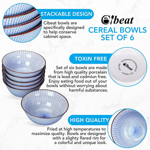 Cibeat 6 Pack 23 oz Premium Porcelain Bowls Set, 6 inch Cereal Bowls, Ceramic Bowls for Soup, Salad, Pasta, Rice, Large Capacity Ramen Bowls, Heat and Cold Resistant, Microwave and Dishwasher Safe