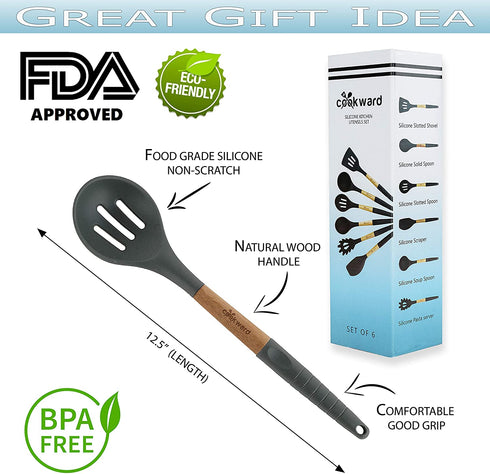 Silicone Cooking Utensils Set (6 pcs): Natural Wood Kitchen Utensils Eco Friendly & BPA Free, Non Scratch & Non Stick Easy Grip Cooking Tools
