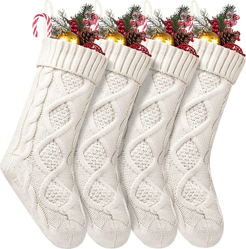 Fesciory 4 Pack Christmas Stockings 18 Inches Large Size Cable Knitted Stocking Gifts & Decorations for Family Holiday Xmas Party, Ivory White