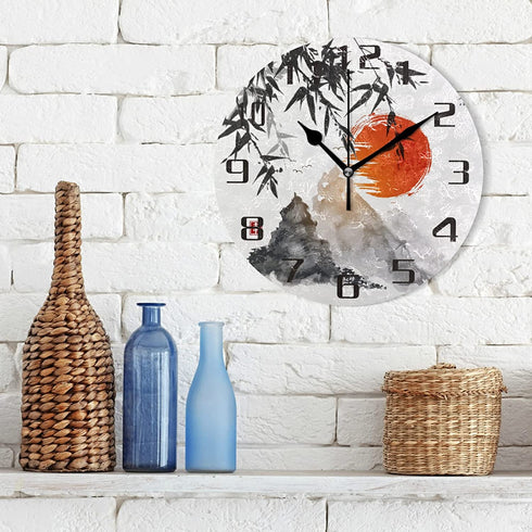 Japanese Mountain Wall Clock Silent Non-Ticking, 9.5 Inch Round Wall Clock Battery Operated Japanese Clock Decor for Home Wall Bathroom Kitchen Bedroom Living Room Office Classroom Patio