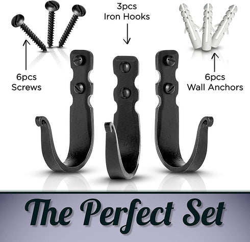 Decorative Wall Mounted Basic Hooks Wrought Iron Hooks For Kitchen And Bathroom, Rustic, Handmade Antique Farmhouse Decorative Hooks For Hanging Robe, Towels, Coats, Bags and cloths - Set of 3 (Black)
