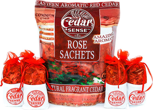 Cedar Sense Rose Scented Essential Oil Cedar Sachets 8 Pack Essential Oil Infused Cedar Chips Car Air Freshener Closet Freshener Potpourri Bags Air Fresheners Sachets for Drawers