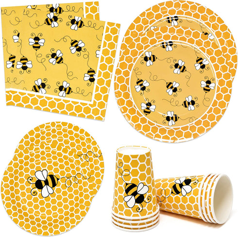 Bumble Bee Party Supplies Tableware Set Includes 24 9" Plates 24 7" Plate 24 9 Oz Cup 50 Lunch Napkin Honey Bees Honeycomb Baby Shower & Happy Bee Day Birthday Disposable Paper Dinnerware Decorations