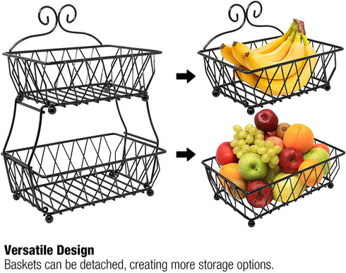 Sorbus Fruit Basket Display Stand, 2-Tier, for Vegetable, Fruit & Bread Counter Storage for Kitchen, Bathroom, Rectangular Antique Metal (Black)