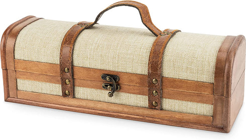 Twine Vintage Trunk Bottle Gift Wine Box with Lid and Handle Wood, Faux Leather, Brass Accents, Cloth, 1