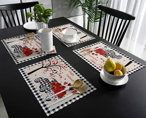 ZEREAA Valentines Day Placemats Set of 4, Plaid Hem Love Tree with Rose Truck Heat Resistant Washable Farmhouse Place Mats for Dining Table Kitchen Decor