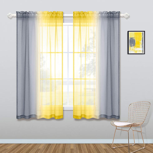 Kitchen Curtains Grey and Lemon Yellow Summer Decor Ombre Sheer Short Curtains for Bathroom Small Windows Sunflower Yellow Light Gray 45 Inch Length