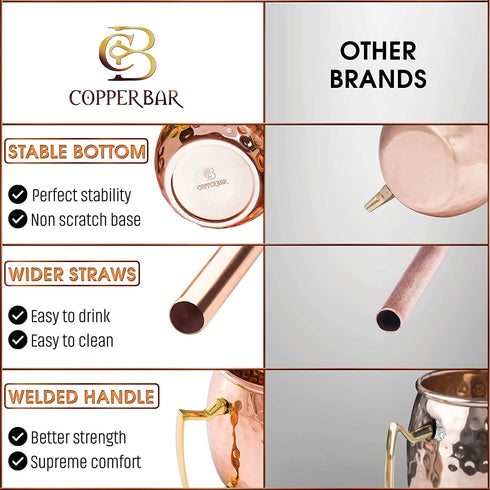 Moscow Mule Copper Mugs - Set of 2 - 100% HANDCRAFTED Pure Solid Copper Mugs - 16 Oz, Gift Set With Cocktail Copper Straws, Copper Shot Glass & Copper Stirrer by Copper-Bar