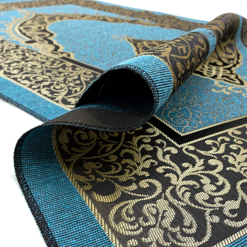 Islamic Prayer Rug Thin Woven Chenille and Taffeta Turkish Sajadah Intricate Design Metallic Ottoman Mat (Black + Blue)