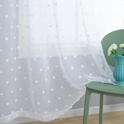 White Boho Curtains 96 Inches Long for Living Room Set 2 Panels Pocket Semi Sheer Pretty Crinkle Pom Dot Floral Curtains for Front Windows Aesthetic Bedroom Girls Decorations Decor 8 FT Floor Length