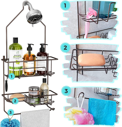 Hanging Shower Caddy over Shower Head, Bathroom Shower Organizer, Shower Storage Rack, Shampoo and Soap Holder, Bronze