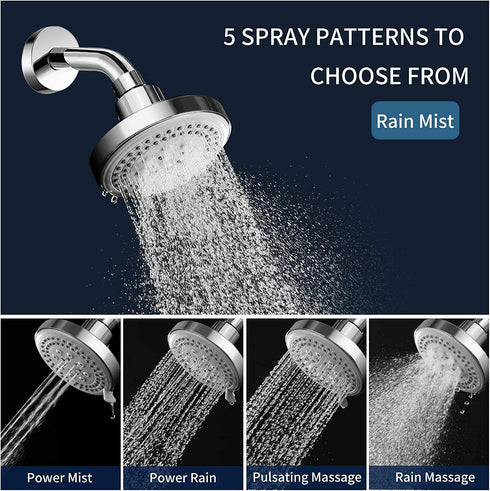 Fixed Shower Head 4 Inch with 5 Functions - AMAZINGAQUA 2021 Newest High Pressure Rainfall Shower Head Wall Mount Bathroom Shower Heads High Flow Rain Shower Head - Chrome